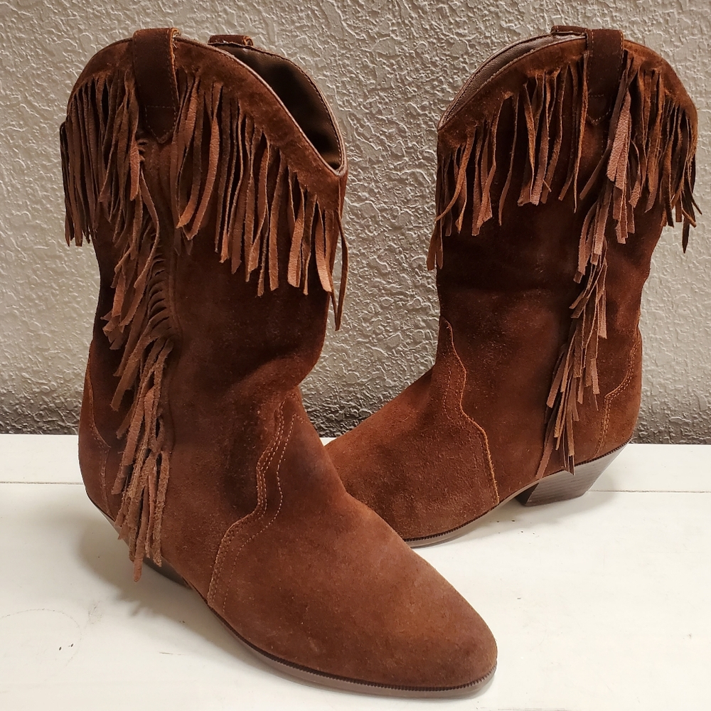 Leather Craft by Premium‎ Collection Brown Suede Side Fringed Western Boots 7.5M